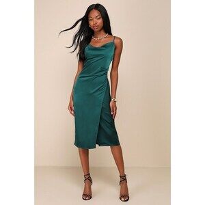 Lulus Hollywood Woman Forest Green Satin Midi Dress - Size S